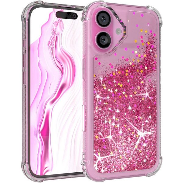 EAZY CASE Handyhülle Liquid Glittery Case für Apple iPhone 16 6,1 Zoll, Glitzerhülle Shiny Slimcover stoßfest Durchsichtig Bumper Case Pink