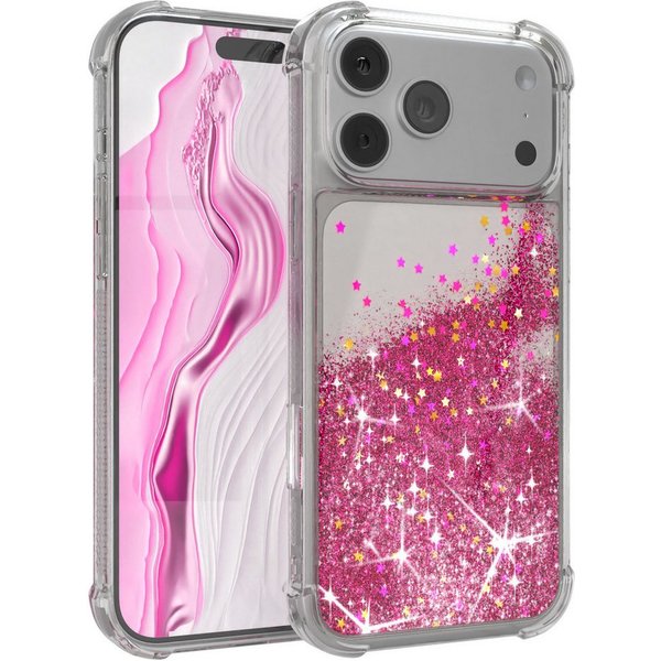 EAZY CASE Handyhülle Liquid Glittery Case für Apple iPhone 17 Pro Max 6,9 Zoll, Glitzerhülle Shiny Slimcover stoßfest Durchsichtig Bumper Case Pink