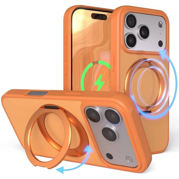 EAZY CASE Handyhülle Outdoor Apple iPhone 17 Pro Case MagSafe Rotation Ring 6,3 Zoll, Slimcover Handyhülle Outdoor zum Aufstellen mit Ring modern in Orange