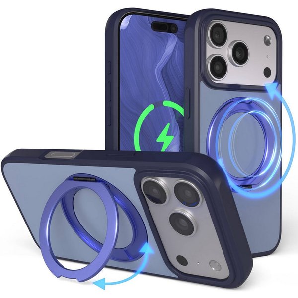 EAZY CASE Handyhülle Outdoor Apple iPhone 17 Pro Case MagSafe Rotation Ring 6,3 Zoll, Outdoor Handy Hülle mit Rotation Ring Stoßfest aufstellbar Dunkelblau