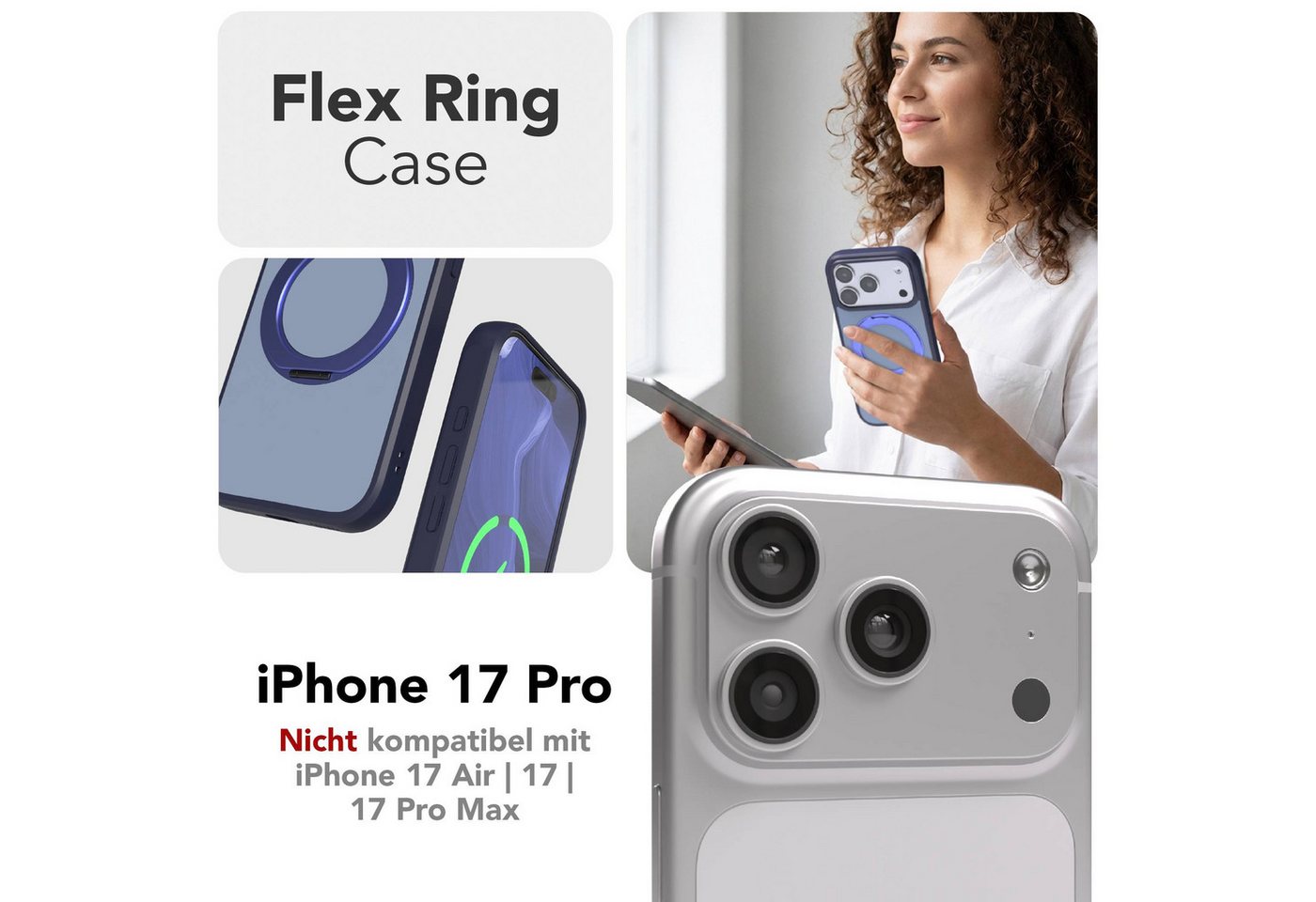 EAZY CASE Handyhülle Outdoor Apple iPhone 17 Pro Case MagSafe Rotation Ring 6,3 Zoll, Outdoor Handy Hülle mit Rotation Ring Stoßfest aufstellbar Dunkelblau – Bild 2 von 5