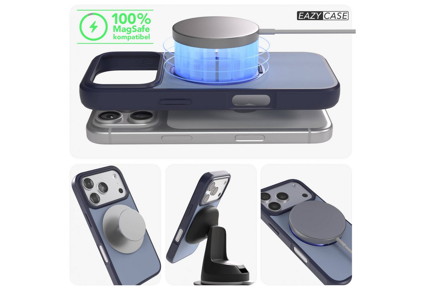 EAZY CASE Handyhülle Outdoor Apple iPhone 17 Pro Case MagSafe Rotation Ring 6,3 Zoll, Outdoor Handy Hülle mit Rotation Ring Stoßfest aufstellbar Dunkelblau – Bild 4 von 5