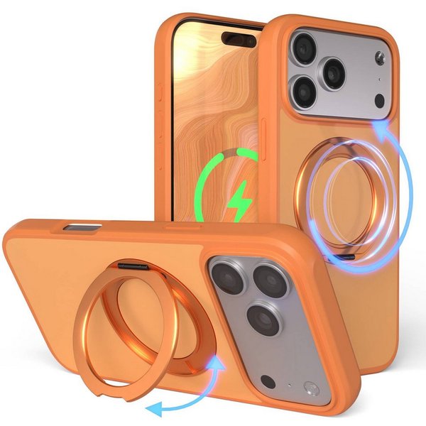 EAZY CASE Handyhülle Outdoor Apple iPhone 17 Pro Max Case MagSafe Rotation Ring 6,9 Zoll, Slimcover Handyhülle Outdoor zum Aufstellen mit Ring modern in Orange