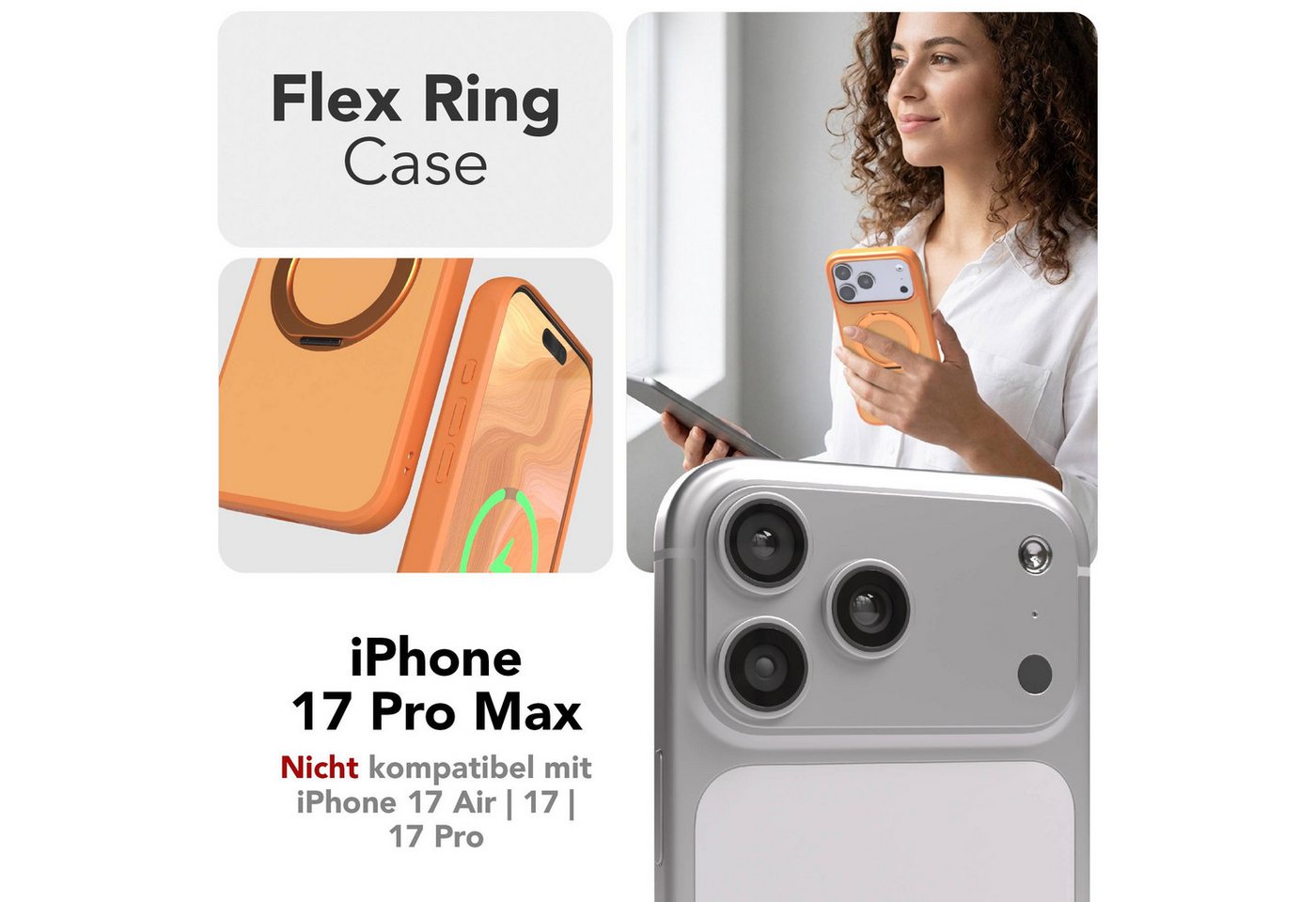 EAZY CASE Handyhülle Outdoor Apple iPhone 17 Pro Max Case MagSafe Rotation Ring 6,9 Zoll, Slimcover Handyhülle Outdoor zum Aufstellen mit Ring modern in Orange – Bild 2 von 5