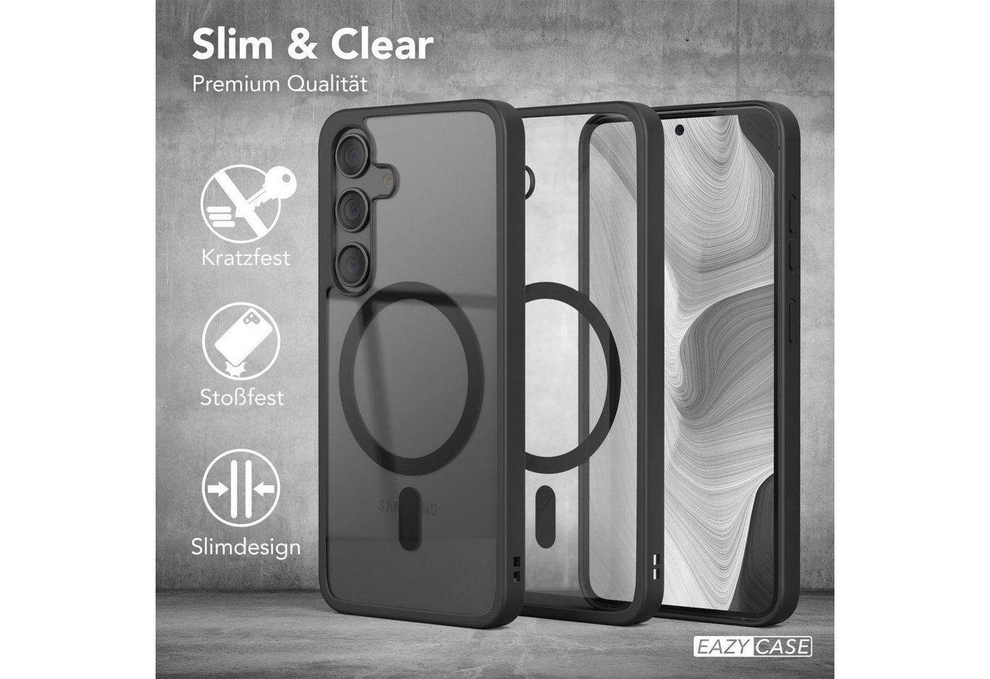EAZY CASE Handyhülle Transparente Hülle mit MagSafe Samsung Galaxy S24 6,2 Zoll, Qi Charging kompatibel, Silicon Case, Slimcover Displayschutz, Schwarz – Bild 5 von 5