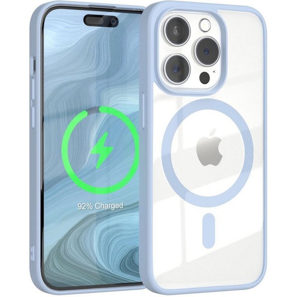 EAZY CASE Handyhülle Transparente Hülle mit MagSafe für iPhone 15 Pro 6,1 Zoll, Softcase, Schutzhülle mit Displayschutz, stoßfest, kratzfest, Hellblau