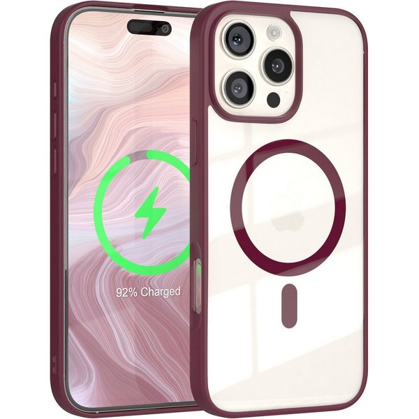 EAZY CASE Handyhülle Transparente Hülle mit MagSafe iPhone 16 Pro Max 6,9 Zoll, Back Cover Slimcover mit Displayschutz, Magsafefunktion, Bumper, Beere