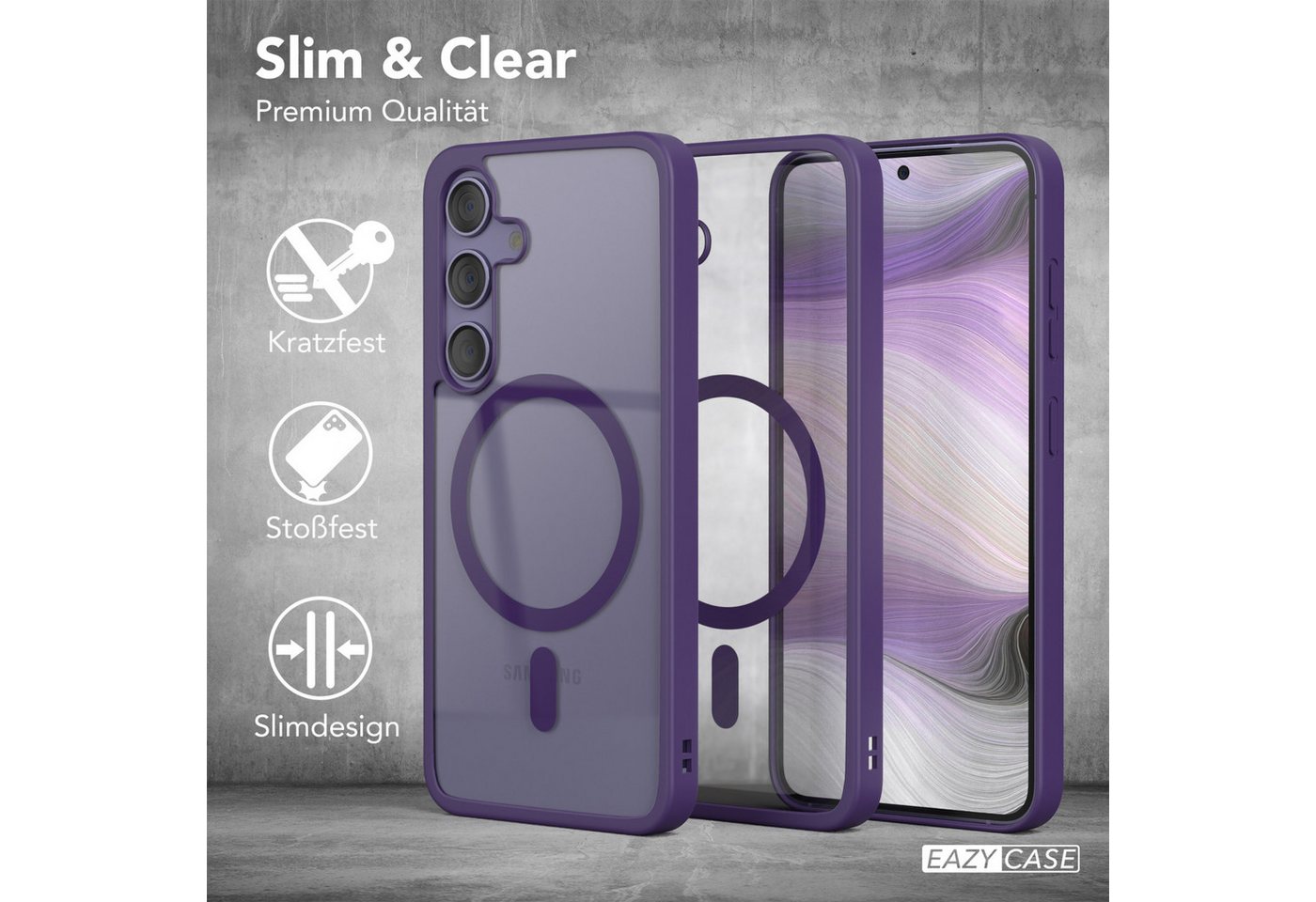 EAZY CASE Handyhülle Transparente Hülle mit MagSafe Samsung Galaxy S24 6,2 Zoll, Hülle mit Kameraschutz, Smart Case kompatibel mit Magsafe, Violett – Bild 5 von 5