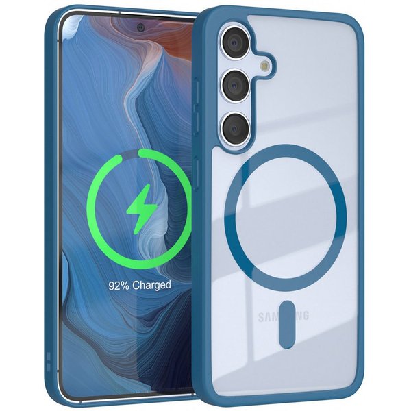 EAZY CASE Handyhülle Transparente Hülle mit MagSafe Samsung Galaxy S24 6,2 Zoll, Silikon Handyhülle, Schutzhülle mit Kameraschutz, Etui magnetisch Blau