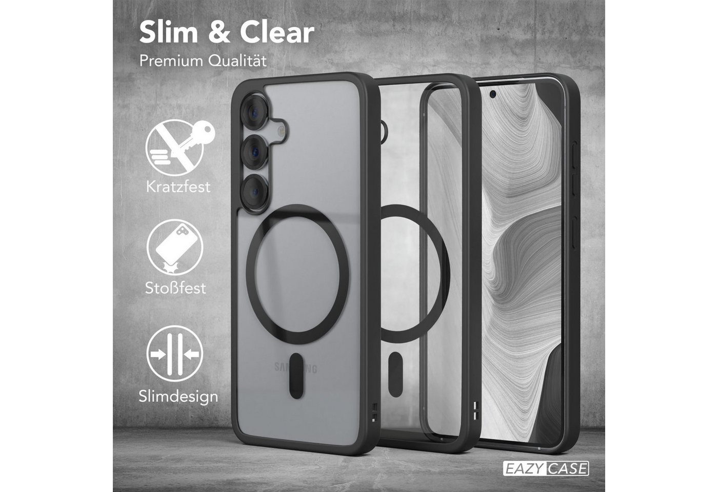 EAZY CASE Handyhülle Transparente Hülle mit MagSafe Samsung Galaxy S25 6,2 Zoll, Qi Charging kompatibel, Silicon Case, Slimcover Displayschutz, Schwarz – Bild 5 von 5