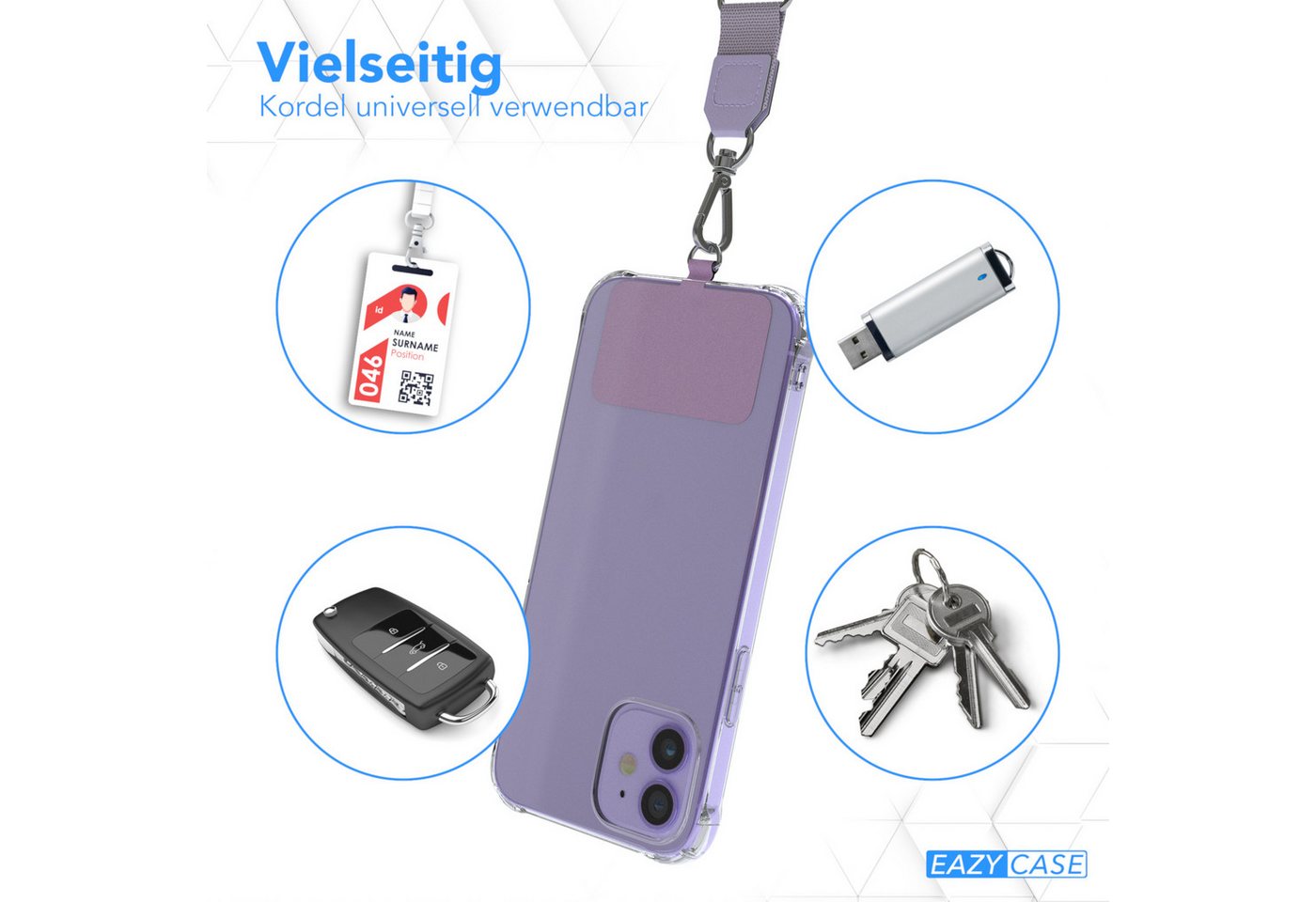EAZY CASE Handykette Universal Handykette mit Breitband, Umhängetasche Pad mit Kordel Smartphonekette Handykette Breit Violett – Bild 3 von 5