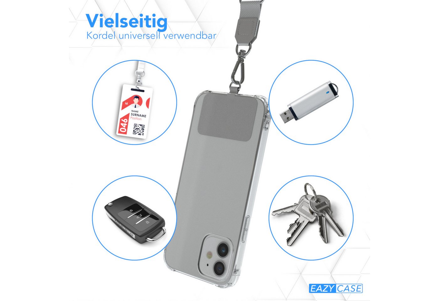 EAZY CASE Handykette Universal Handykette mit Breitband, Handykette für Xiaomi Huawei Samsung iPhone etc. für alle Modelle Grau – Bild 3 von 5