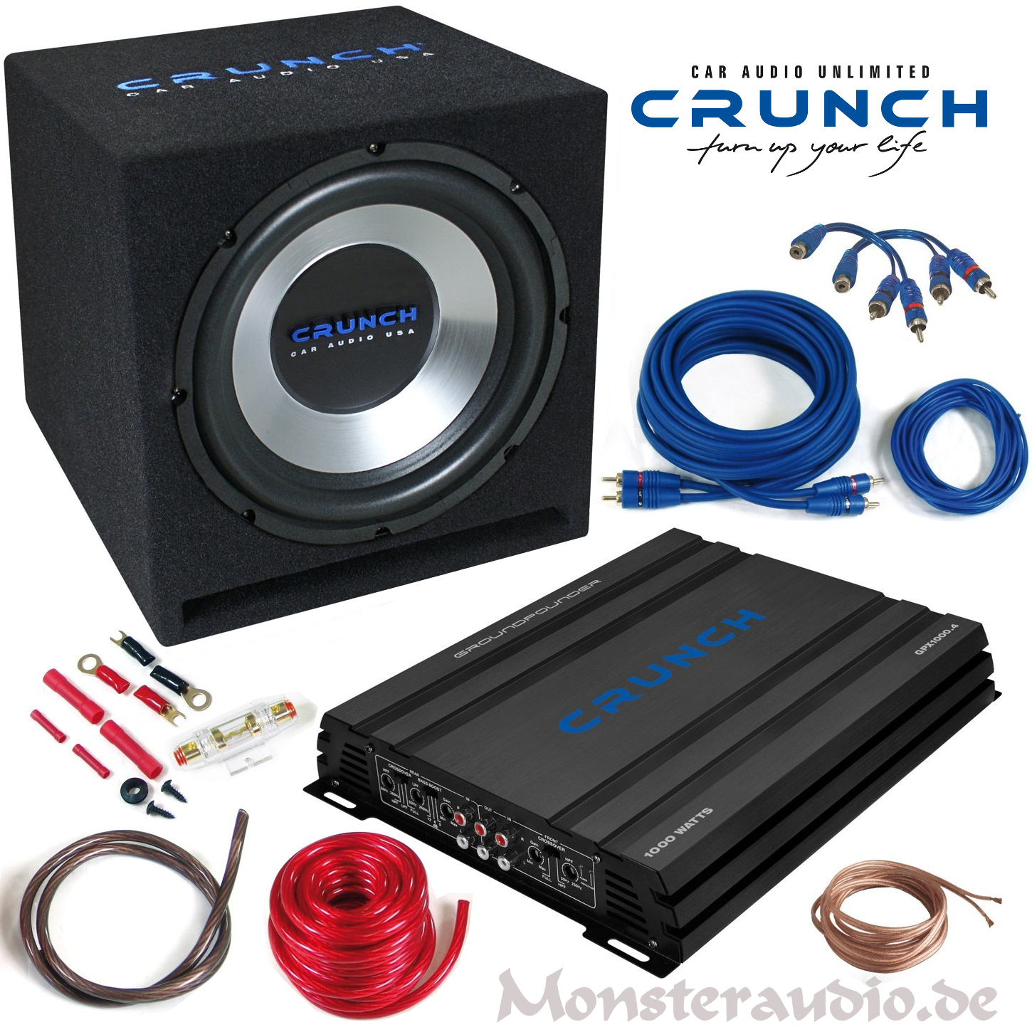 CRUNCH CBP1000 Verstärker Gehäusesubwoofer Kabelset 1000 Watt Basspaket Auto Set