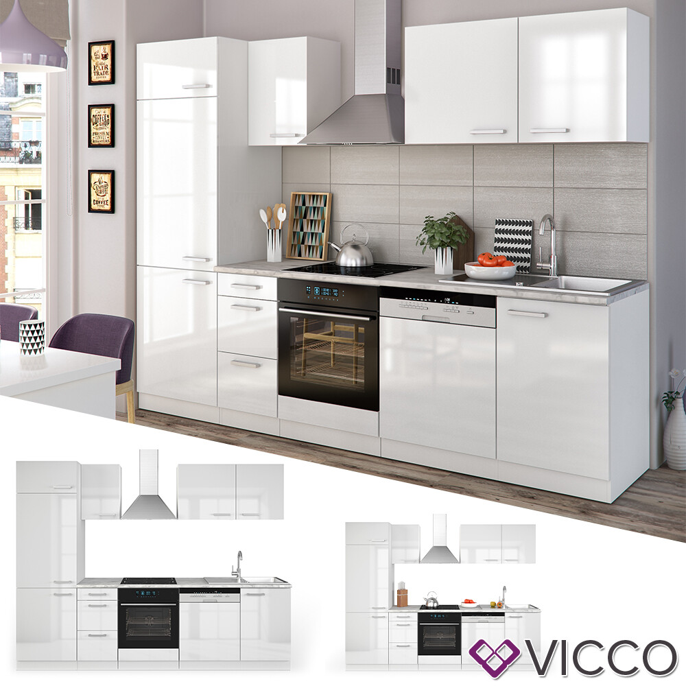 Küche Küchenzeile Küchenblock Einbauküche Komplettküche 270 cm Optima Weiß Vicco