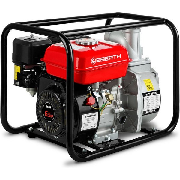 EBERTH Wasserpumpe 6,5PS mit 60.000l/h und 30m Förderhöhe, 3 Zoll Anschluss (mit 4-Takt-Motor und 7m Ansaughöhe), Benzin Pumpe, Seilzugstart, Metallfuß, Tragegr