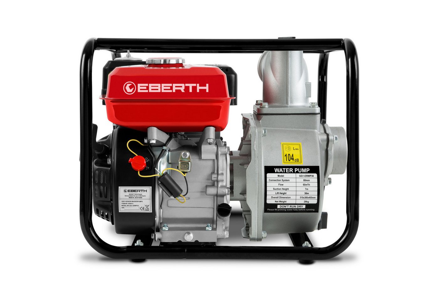 EBERTH Wasserpumpe 6,5PS mit 60.000l/h und 30m Förderhöhe, 3 Zoll Anschluss (mit 4-Takt-Motor und 7m Ansaughöhe), Benzin Pumpe, Seilzugstart, Metallfuß, Tragegr – Bild 4 von 5