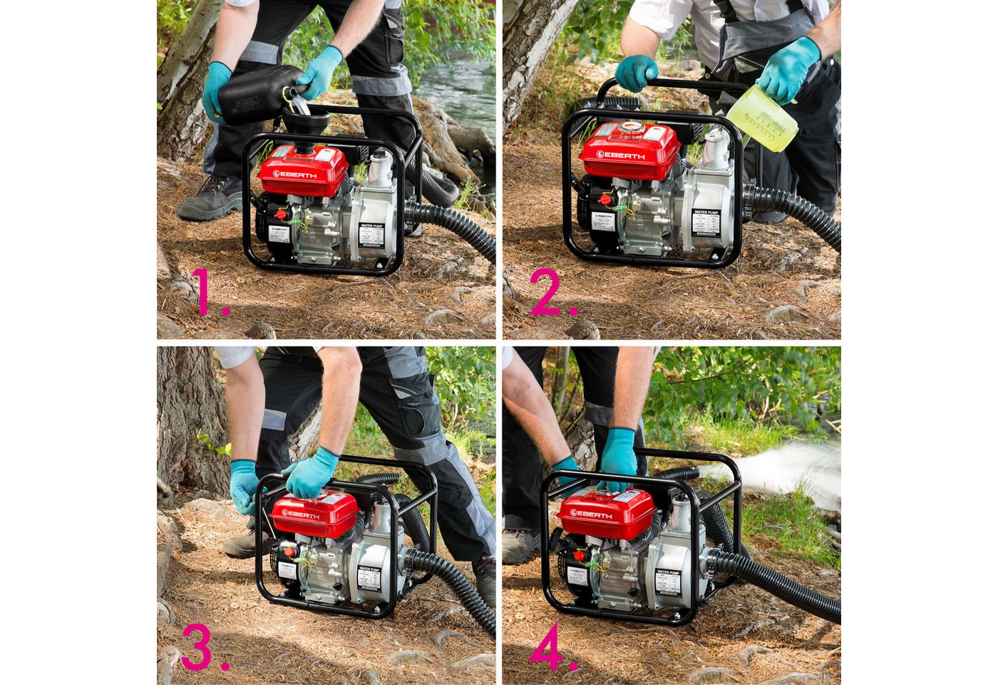 EBERTH Wasserpumpe 6,5PS mit 60.000l/h und 30m Förderhöhe, 3 Zoll Anschluss (mit 4-Takt-Motor und 7m Ansaughöhe), Benzin Pumpe, Seilzugstart, Metallfuß, Tragegr – Bild 5 von 5