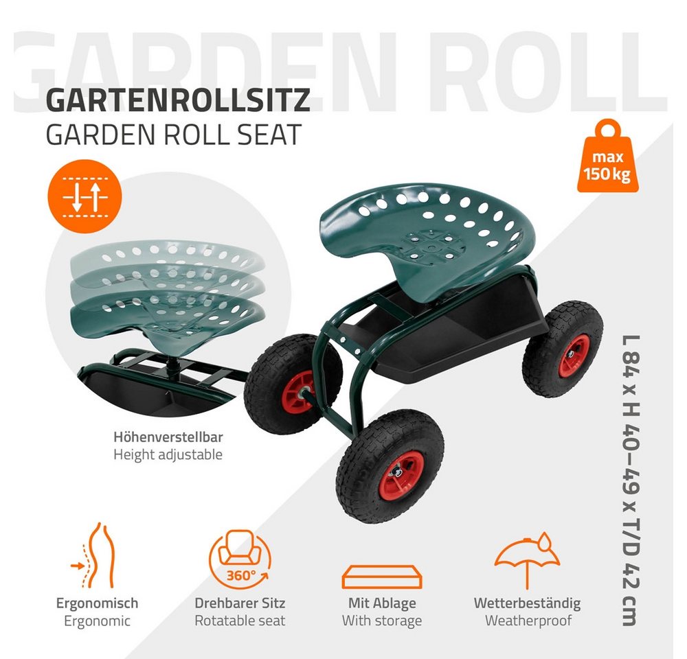 ECD Germany Hocker Gartenrollsitz Gartensitz 360° drehbar und höhenverstellbar bis 150 kg, Gartenwagen aus Stahl mit Ablagefläche für Gartenarbeit & Autopflege – Bild 2 von 5