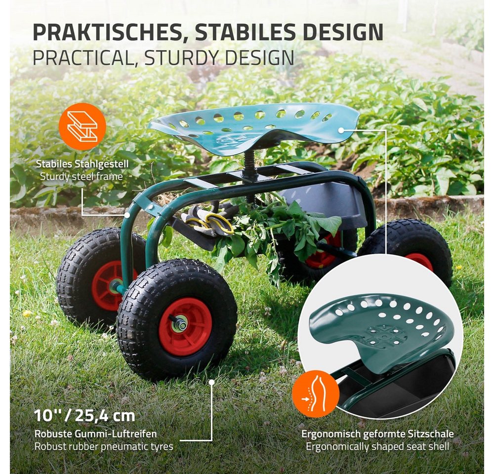 ECD Germany Hocker Gartenrollsitz Gartensitz 360° drehbar und höhenverstellbar bis 150 kg, Gartenwagen aus Stahl mit Ablagefläche für Gartenarbeit & Autopflege – Bild 3 von 5