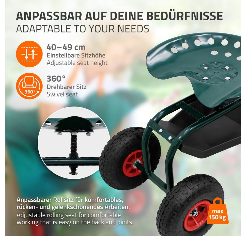 ECD Germany Hocker Gartenrollsitz Gartensitz 360° drehbar und höhenverstellbar bis 150 kg, Gartenwagen aus Stahl mit Ablagefläche für Gartenarbeit & Autopflege – Bild 4 von 5