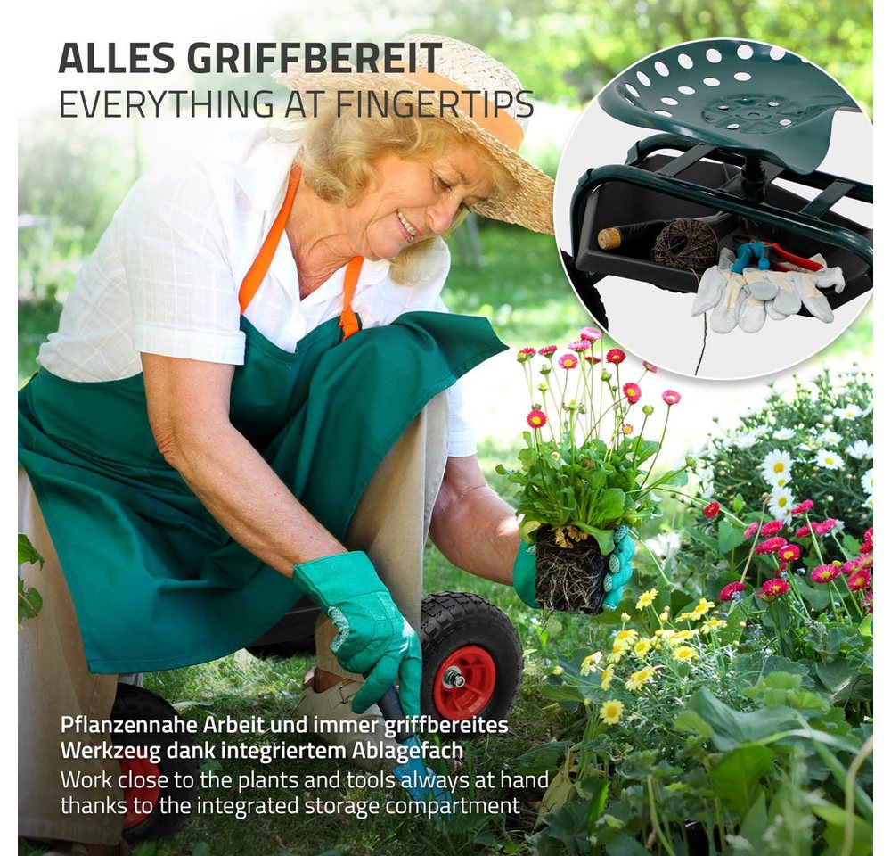 ECD Germany Hocker Gartenrollsitz Gartensitz 360° drehbar und höhenverstellbar bis 150 kg, Gartenwagen aus Stahl mit Ablagefläche für Gartenarbeit & Autopflege – Bild 5 von 5