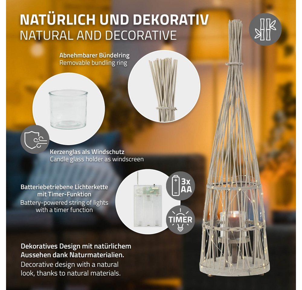 ECD Germany Kerzenlaterne Boho Bambus Laterne Windlicht Holzfarbe Gartenlaterne Kerzenhalter, Deko Laterne H: 91 cm mit LED-Lichterkette & Glaseinsatz für Terra – Bild 3 von 5