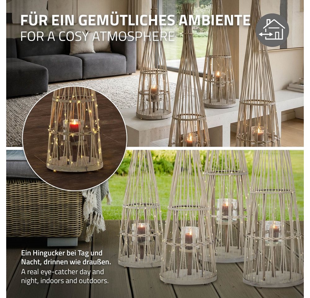 ECD Germany Kerzenlaterne Boho Bambus Laterne Windlicht Holzfarbe Gartenlaterne Kerzenhalter, Deko Laterne H: 91 cm mit LED-Lichterkette & Glaseinsatz für Terra – Bild 4 von 5