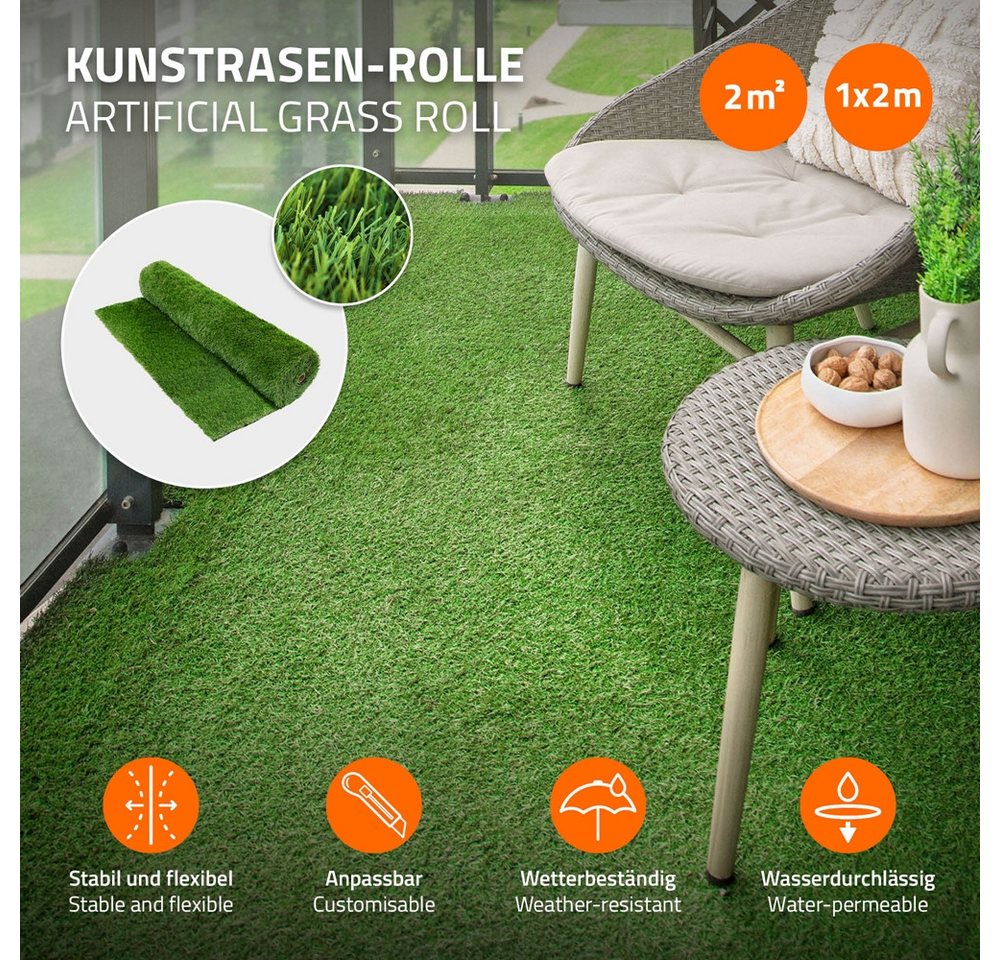 ECD Germany Kunstrasen Rasenteppich Kunstrasen-Rolle Grasmatte Meterware Kunstgras Wetterfest, Höhe: 37.0 mm, 100x200 cm 2m² 35mm Outdoor UV-beständig für Balko – Bild 2 von 5