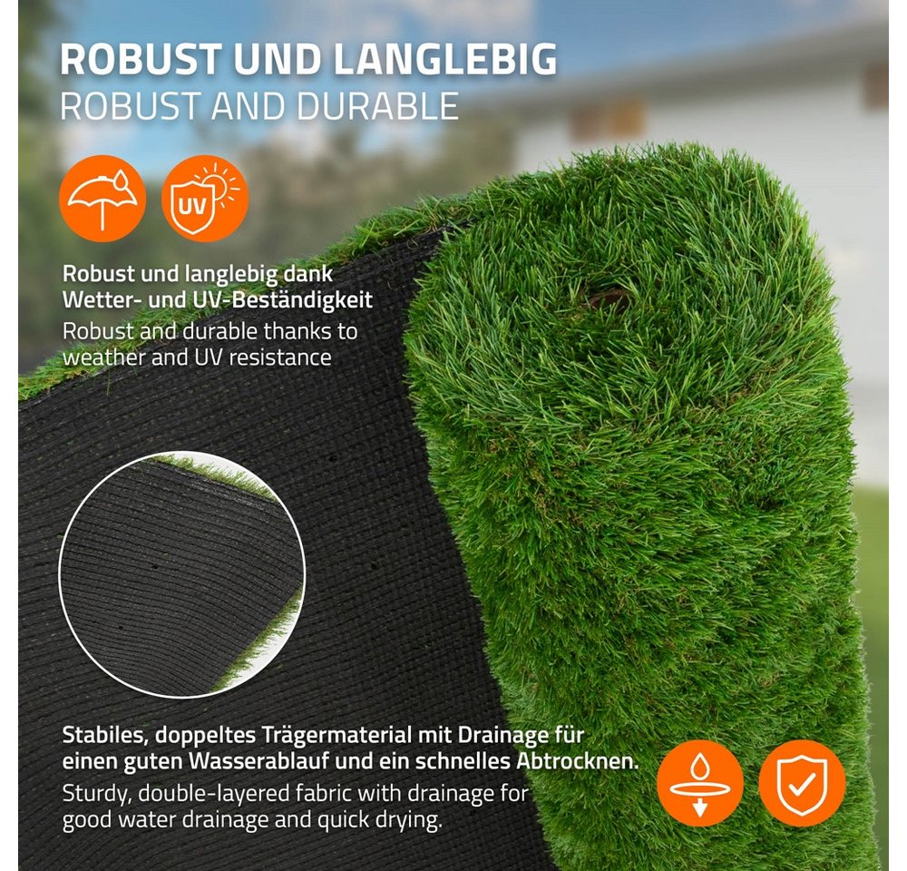 ECD Germany Kunstrasen Rasenteppich Kunstrasen-Rolle Grasmatte Meterware Kunstgras Wetterfest, Höhe: 37.0 mm, 100x200 cm 2m² 35mm Outdoor UV-beständig für Balko – Bild 3 von 5