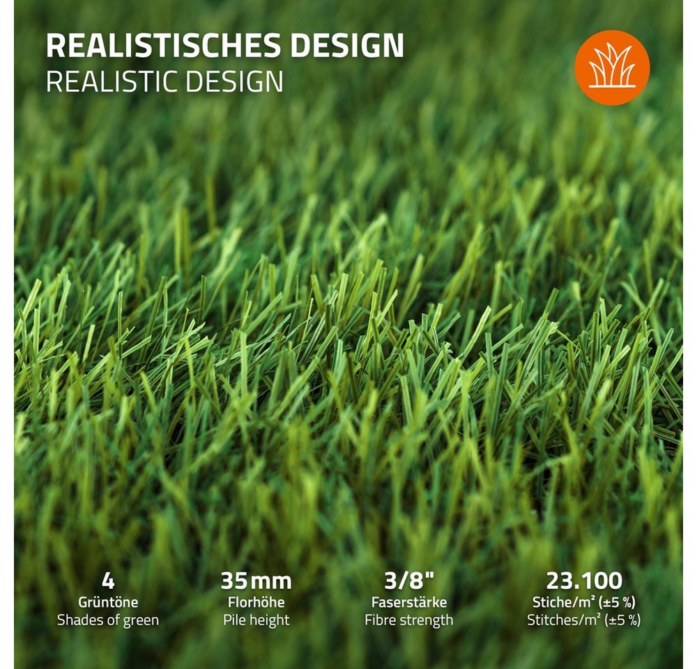 ECD Germany Kunstrasen Rasenteppich Kunstrasen-Rolle Grasmatte Meterware Kunstgras Wetterfest, Höhe: 37.0 mm, 100x200 cm 2m² 35mm Outdoor UV-beständig für Balko – Bild 4 von 5