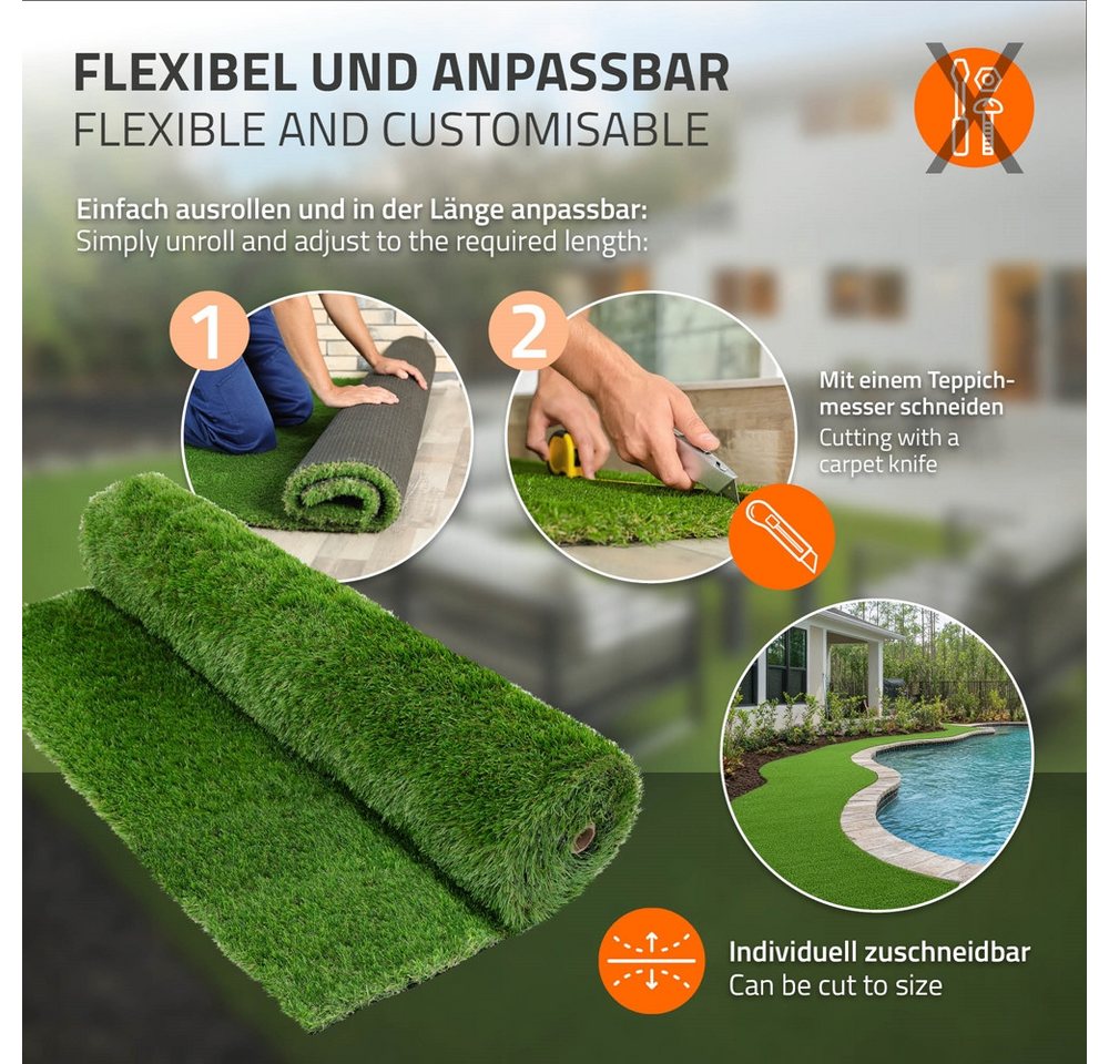 ECD Germany Kunstrasen Rasenteppich Kunstrasen-Rolle Grasmatte Meterware Kunstgras Wetterfest, Höhe: 37.0 mm, 100x200 cm 2m² 35mm Outdoor UV-beständig für Balko – Bild 5 von 5