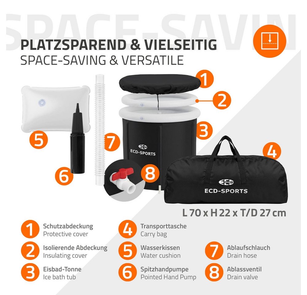 ECD Germany Rundpool Eisbad Ø80 cm Eistonne mit Isolierung Komplettset Eisfass Tonne Außen, Faltbare Mobile Ice Bath 350L für Kältetherapie & Regeneration, H75c – Bild 5 von 5