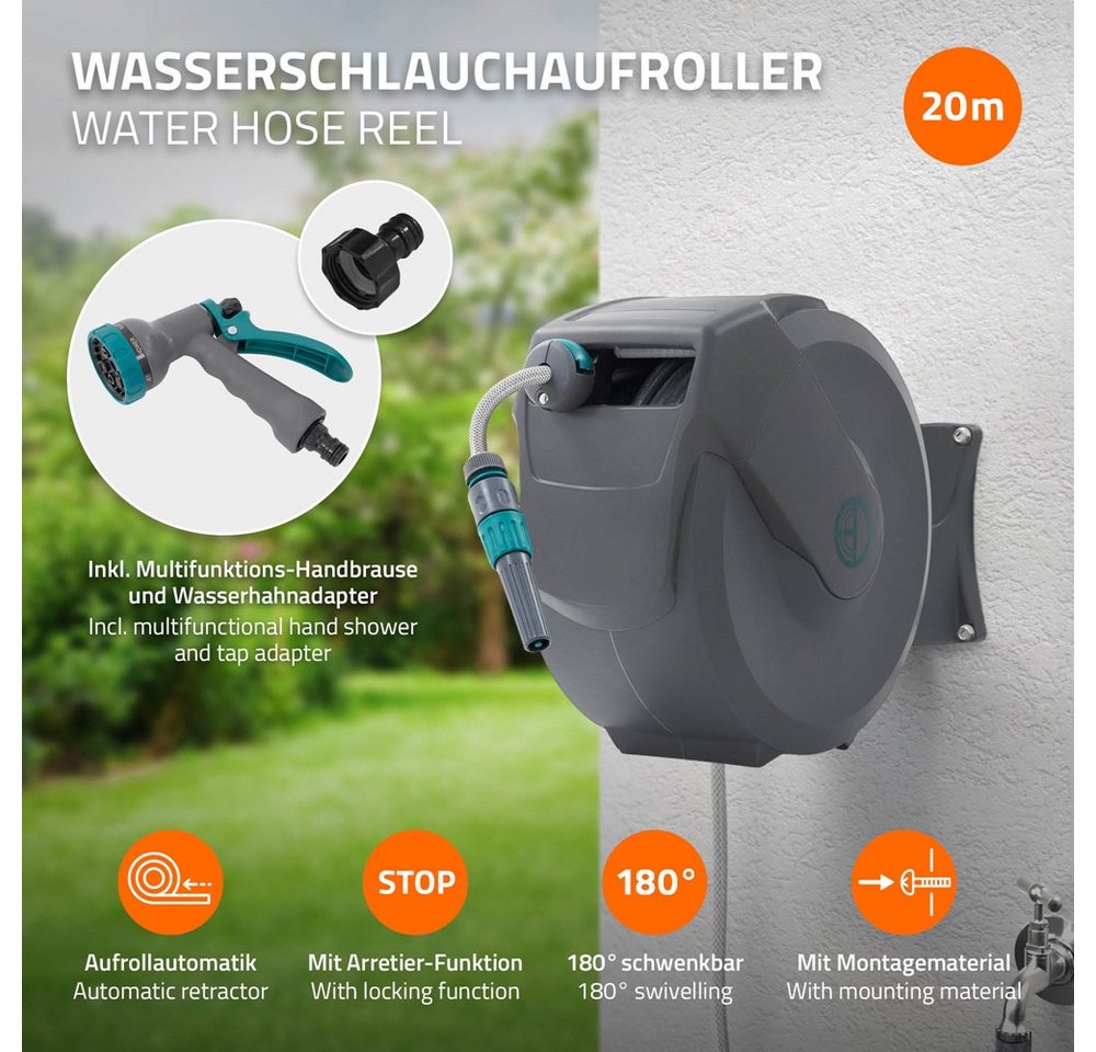 ECD Germany Schlauchaufroller Schlauchtrommel mit Arretierstop 9 Sprühfunktionen 180° Schwenkbar, Schlauchtrommel 20m+2m Arretierstop 9 Funktionen 180° Schwenkb – Bild 2 von 5