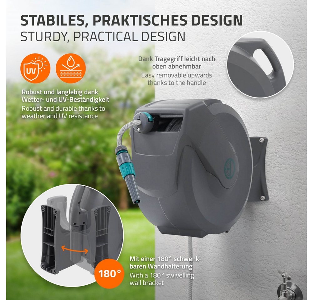 ECD Germany Schlauchaufroller Schlauchtrommel mit Arretierstop 9 Sprühfunktionen 180° Schwenkbar, Schlauchtrommel 20m+2m Arretierstop 9 Funktionen 180° Schwenkb – Bild 3 von 5