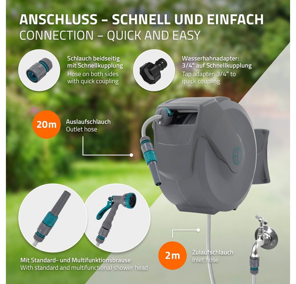 ECD Germany Schlauchaufroller Schlauchtrommel mit Arretierstop 9 Sprühfunktionen 180° Schwenkbar, Schlauchtrommel 20m+2m Arretierstop 9 Funktionen 180° Schwenkb – Bild 4 von 5