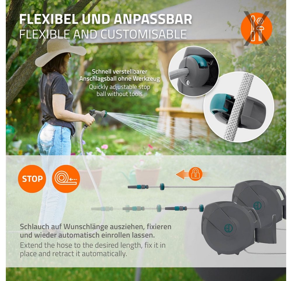 ECD Germany Schlauchaufroller Schlauchtrommel mit Arretierstop 9 Sprühfunktionen 180° Schwenkbar, Schlauchtrommel 20m+2m Arretierstop 9 Funktionen 180° Schwenkb – Bild 5 von 5