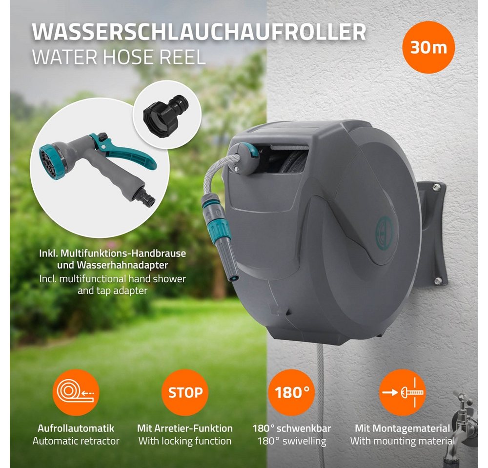 ECD Germany Schlauchaufroller Schlauchtrommel mit Arretierstop 9 Sprühfunktionen 180° Schwenkbar, Schlauchtrommel 30m+2m Arretierstop 9 Funktionen 180° Schwenkb – Bild 2 von 5