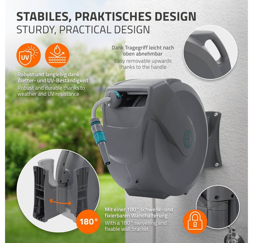 ECD Germany Schlauchaufroller Schlauchtrommel mit Arretierstop 9 Sprühfunktionen 180° Schwenkbar, Schlauchtrommel 30m+2m Arretierstop 9 Funktionen 180° Schwenkb – Bild 3 von 5