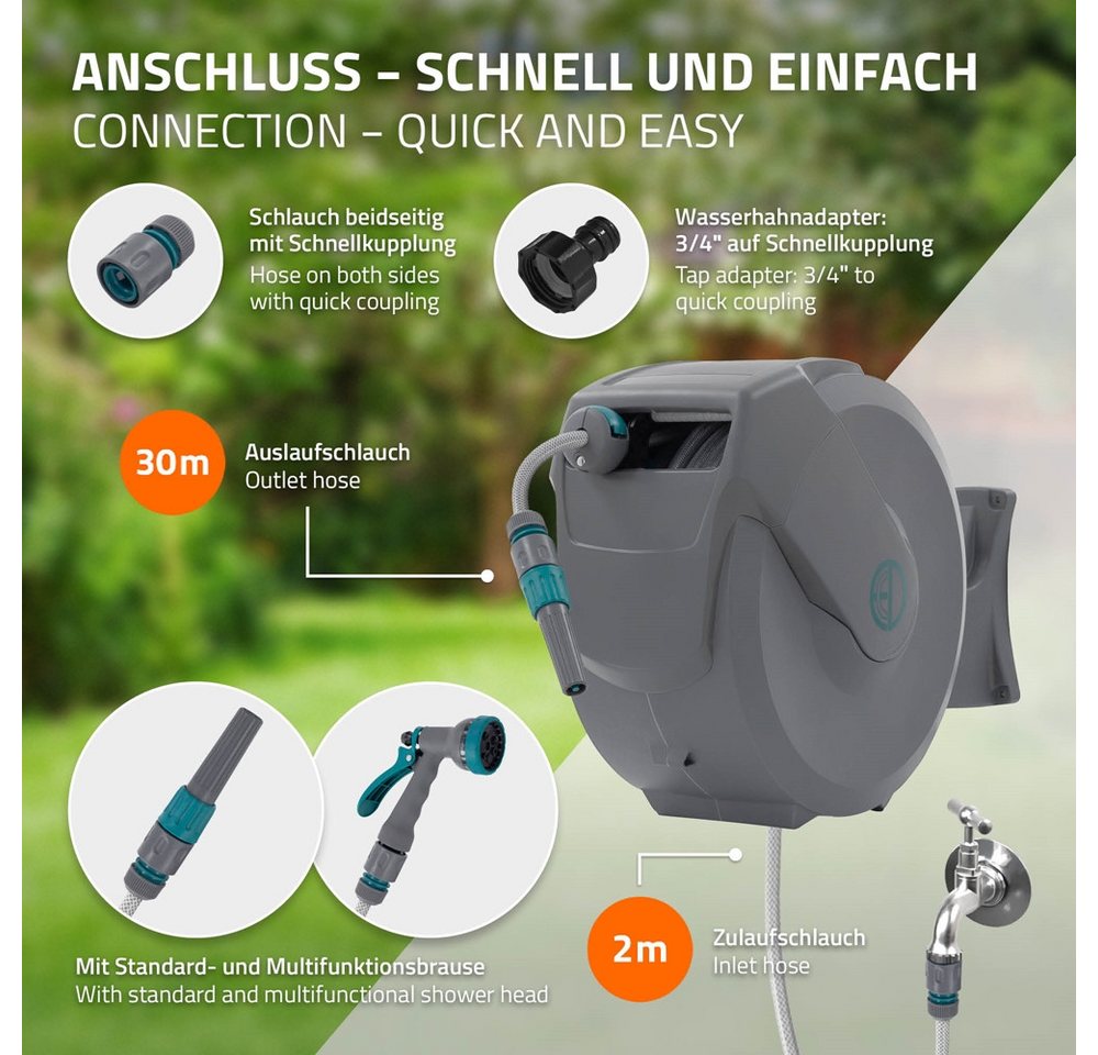 ECD Germany Schlauchaufroller Schlauchtrommel mit Arretierstop 9 Sprühfunktionen 180° Schwenkbar, Schlauchtrommel 30m+2m Arretierstop 9 Funktionen 180° Schwenkb – Bild 4 von 5