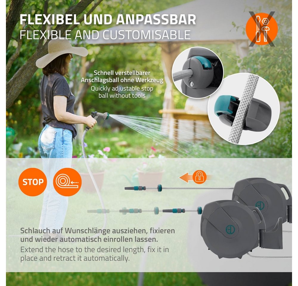 ECD Germany Schlauchaufroller Schlauchtrommel mit Arretierstop 9 Sprühfunktionen 180° Schwenkbar, Schlauchtrommel 30m+2m Arretierstop 9 Funktionen 180° Schwenkb – Bild 5 von 5