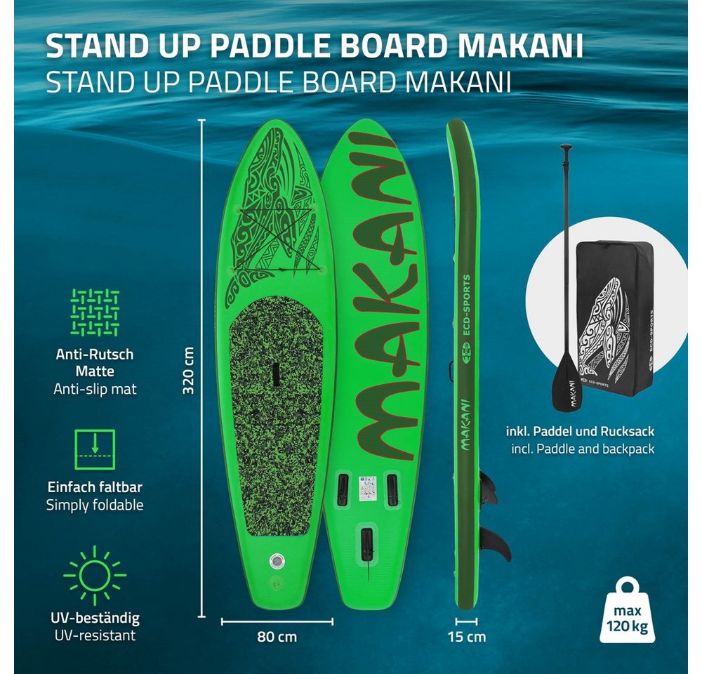 ECD Germany SUP-Board Stand Up Paddle Board aus PVC Paddelboard Paddling Board, Stand-Up Paddle-Board, SUP Board 320x80x15 cm 120 kg Traglast rutschfest grün in – Bild 2 von 5