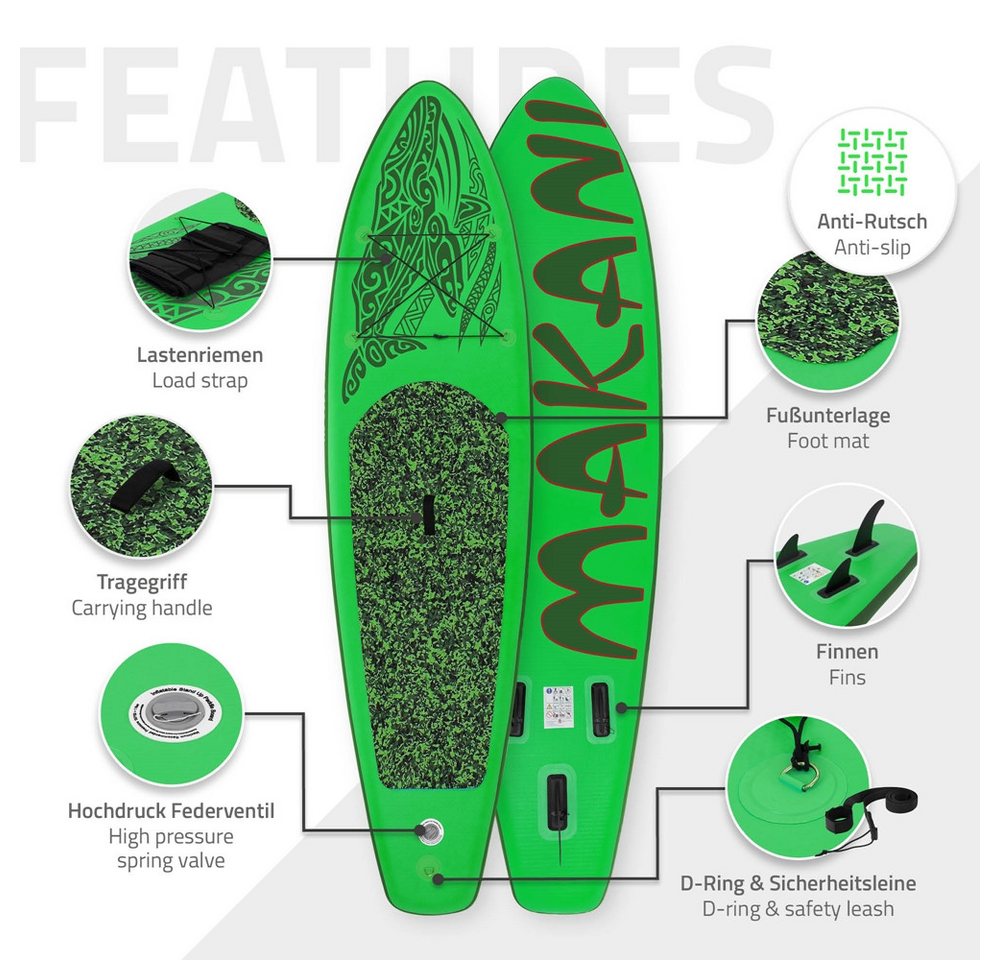 ECD Germany SUP-Board Stand Up Paddle Board aus PVC Paddelboard Paddling Board, Stand-Up Paddle-Board, SUP Board 320x80x15 cm 120 kg Traglast rutschfest grün in – Bild 3 von 5