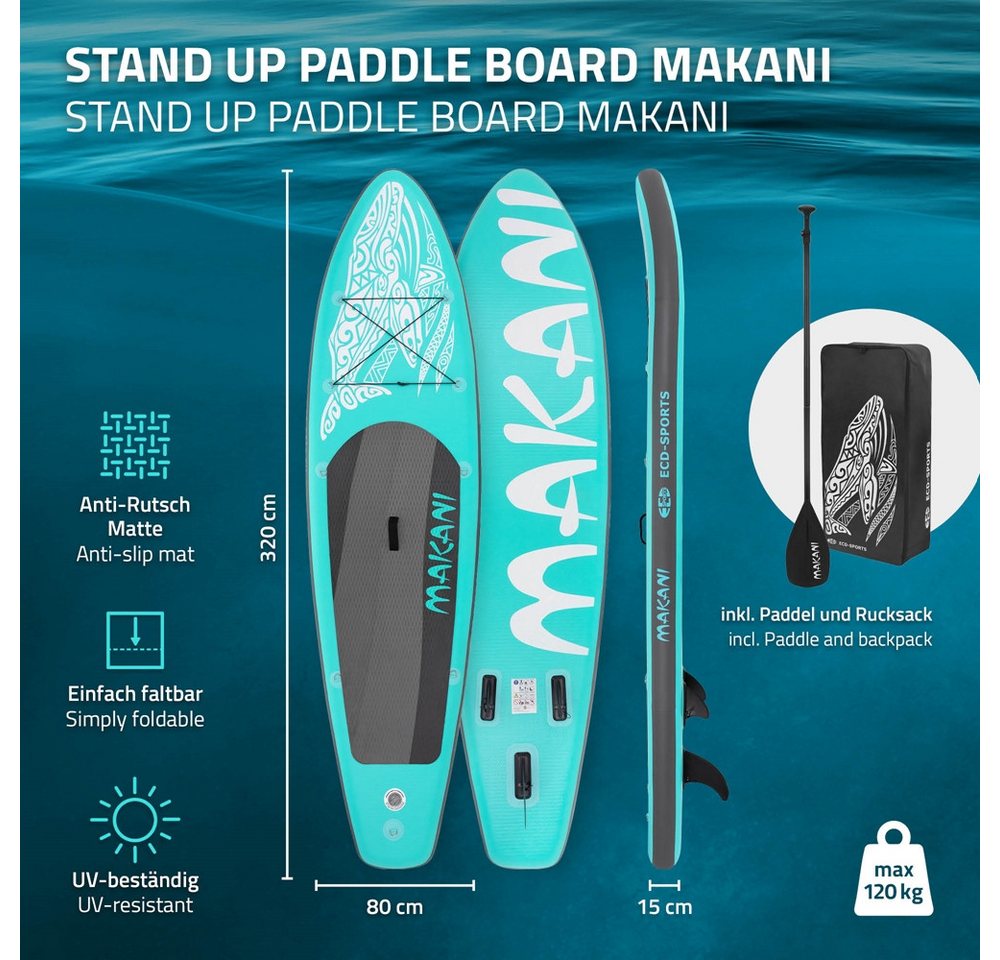 ECD Germany SUP-Board Stand Up Paddle Board aus PVC Paddelboard Paddling Board, Stand-Up Paddle-Board, SUP Board 320x80x15 cm 120 kg Traglast rutschfest türkis  – Bild 2 von 5