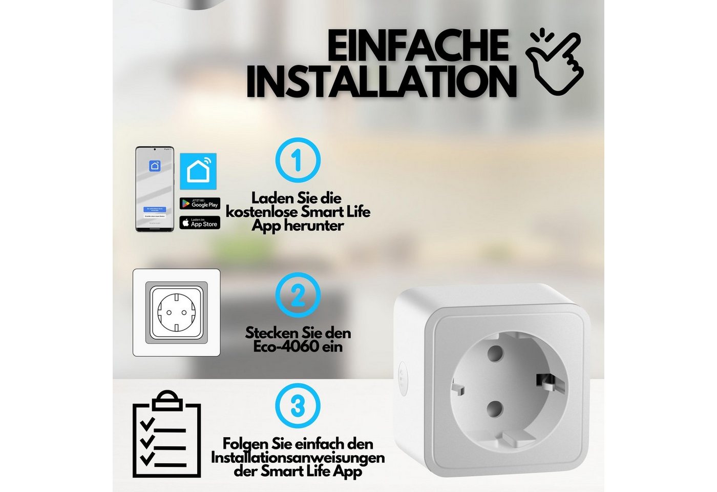 echos WLAN-Steckdose Eco-4060, max. 3680 W, Spar-Set, Steuerung per App,Alexa/ Google kompatibel,WLAN, 2.4 GHz,Max. 16A – Bild 2 von 5