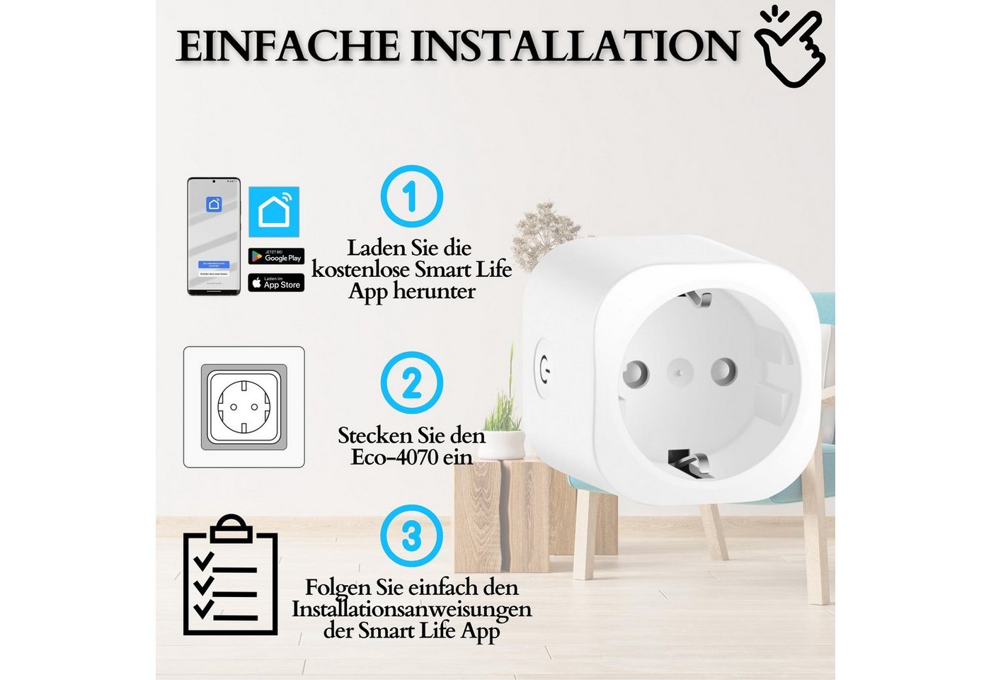 echos WLAN-Steckdose Eco-4073, max. 3680 W, Spar-Set, Steuerung per App,Alexa/ Google kompatibel,WLAN, 2.4 GHz,Max. 16A – Bild 5 von 5