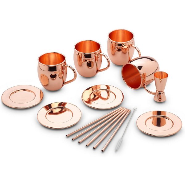 ECHTWERK Becher, 13-tlg., Edelstahl Rostfrei, Kupferbecher Set, Cocktailgläser, Außenfläche Glatt, 500 ml, 13tlg