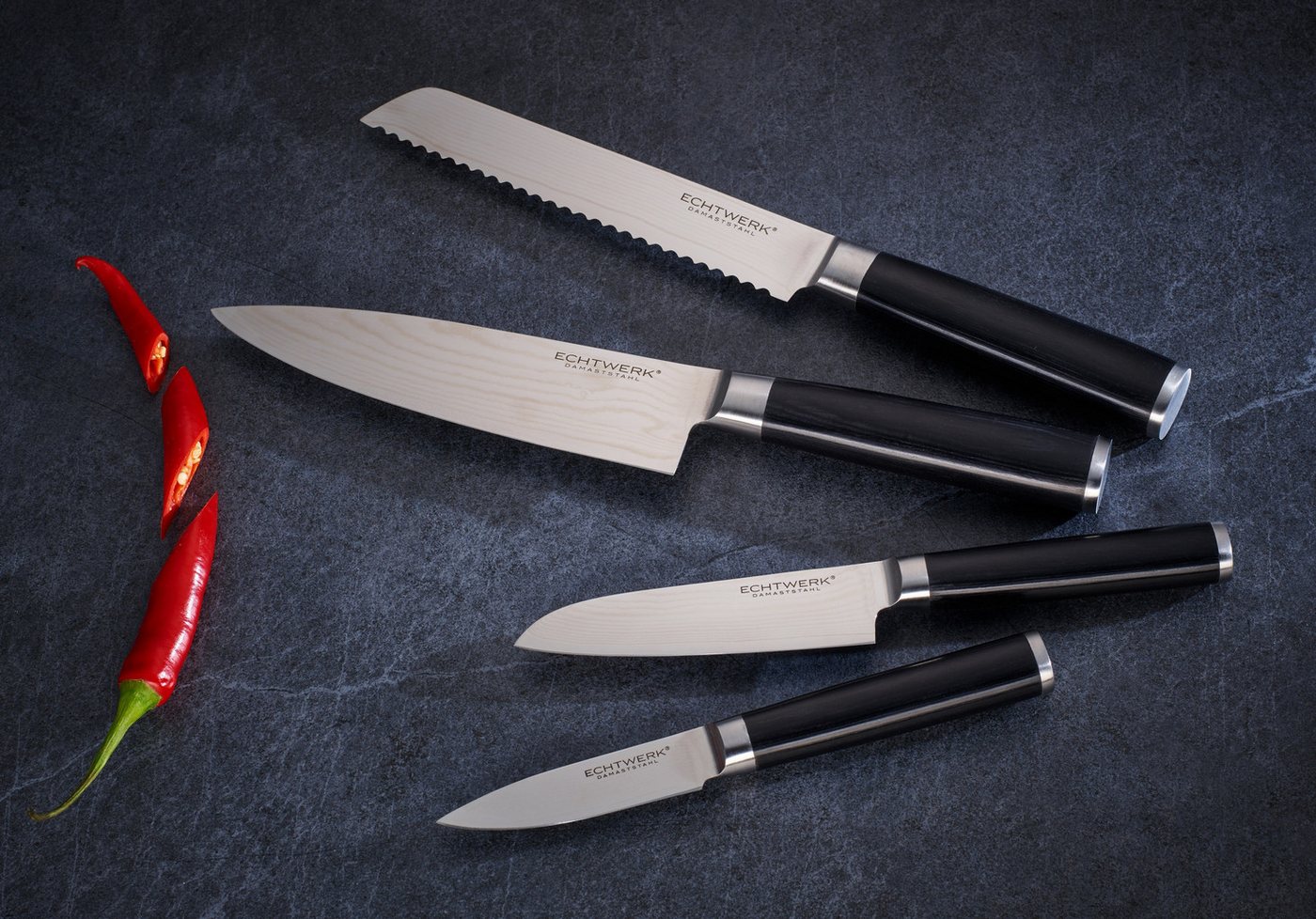 ECHTWERK Messer-Set Damaszenerstahl, 4tlg. (Set, 4-tlg), mit 67 Lagen gefertigt, HRC 56-58° Rockwell gehärtet – Bild 2 von 4
