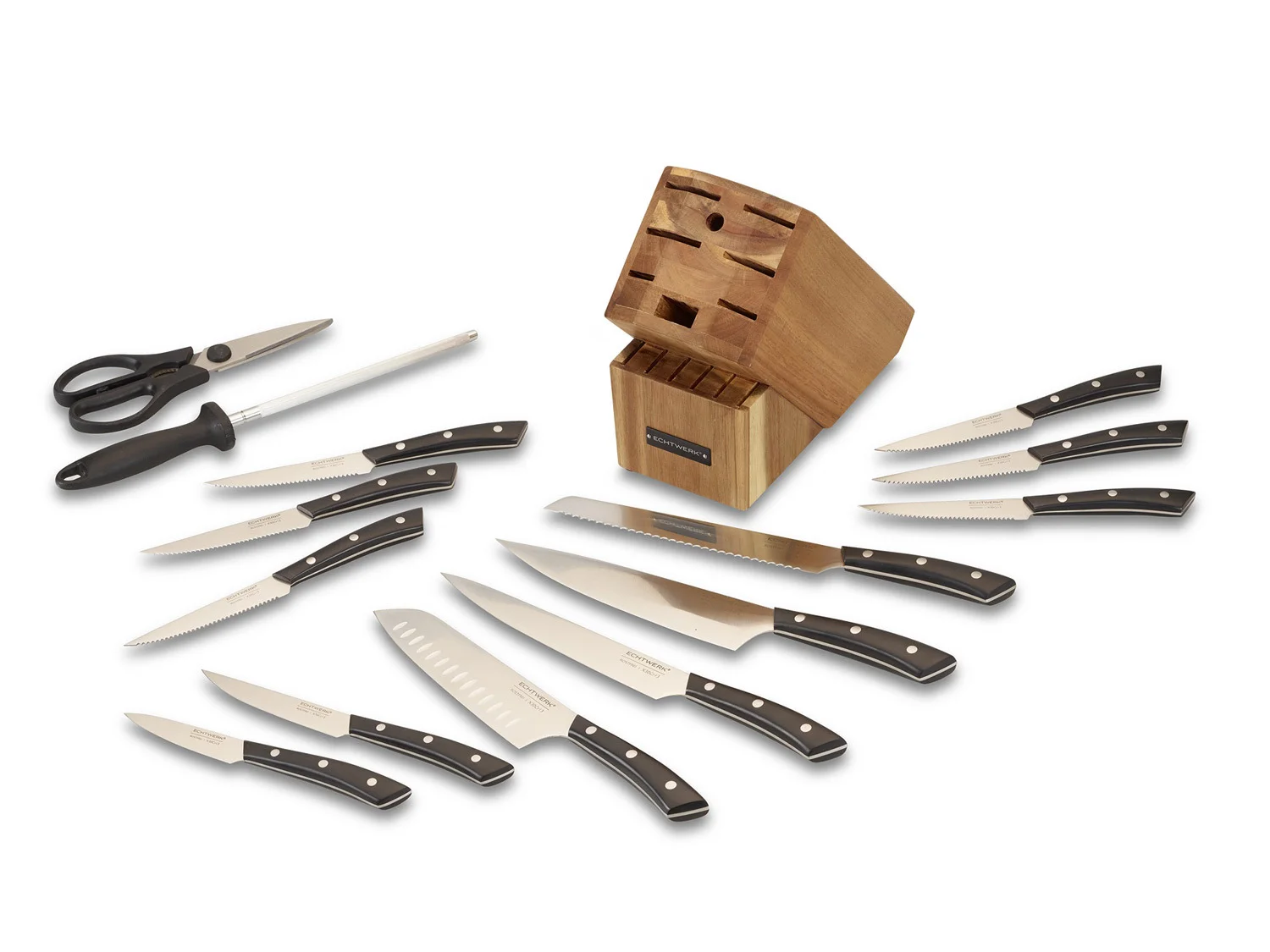 ECHTWERK Messerblock Premium (15tlg), aus Akazienholz mit Gummifüßen, Messer Set aus Klingenstahl, 15tlg – Bild 2 von 4