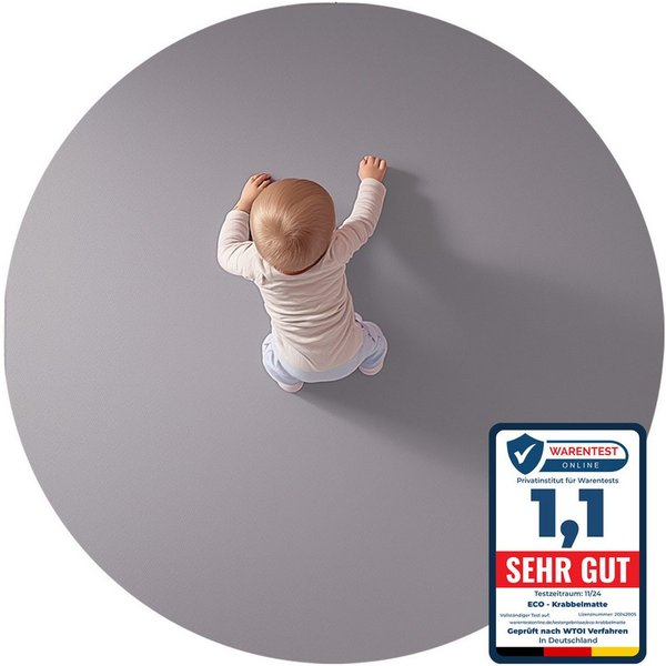 Eco Krabbelmatte Spielmatte Rund (120x120cm, Hellgrau), Öko-Tex 100 zertifiziert, komplett in Deutschland hergestellt