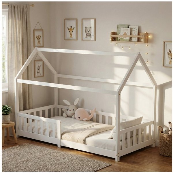 ecoMI Kinderbett Hausbett, Rausfallschutz, Lattenrost, 90x200 & 80x160, Weiß & Natur, Hausbett, Rausfallschutz, Lattenrost, 90x200 & 80x160, Weiß & Natur